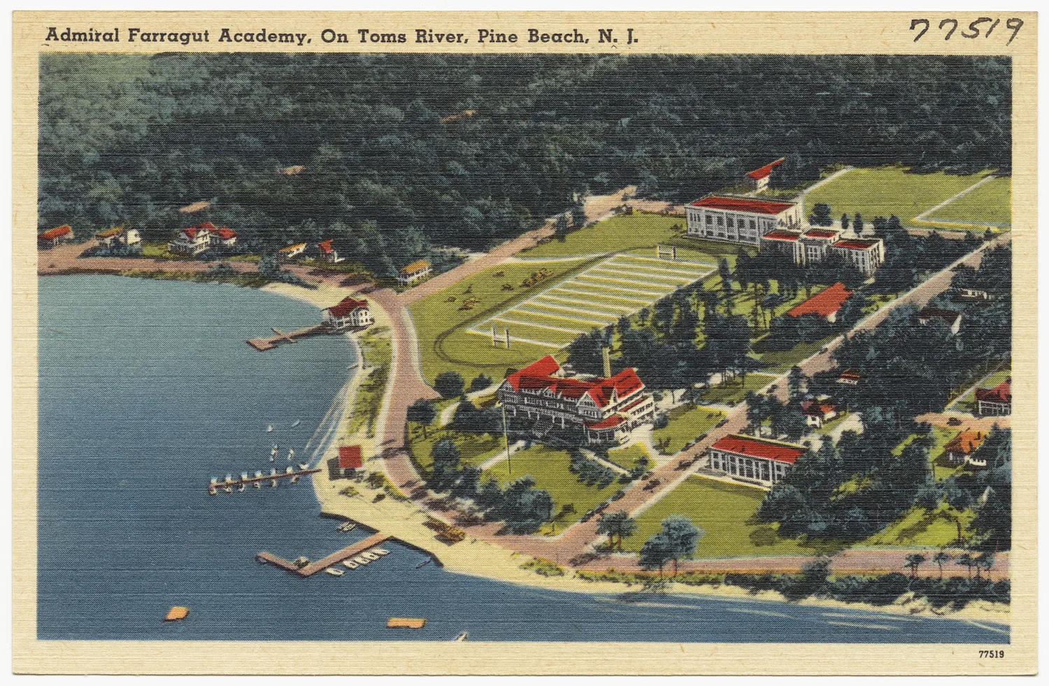 Vintage aerial postcard of the Admiral Farragut Academy campus on the Toms River in Pine Beach, with its buildings, athletic field and piers
