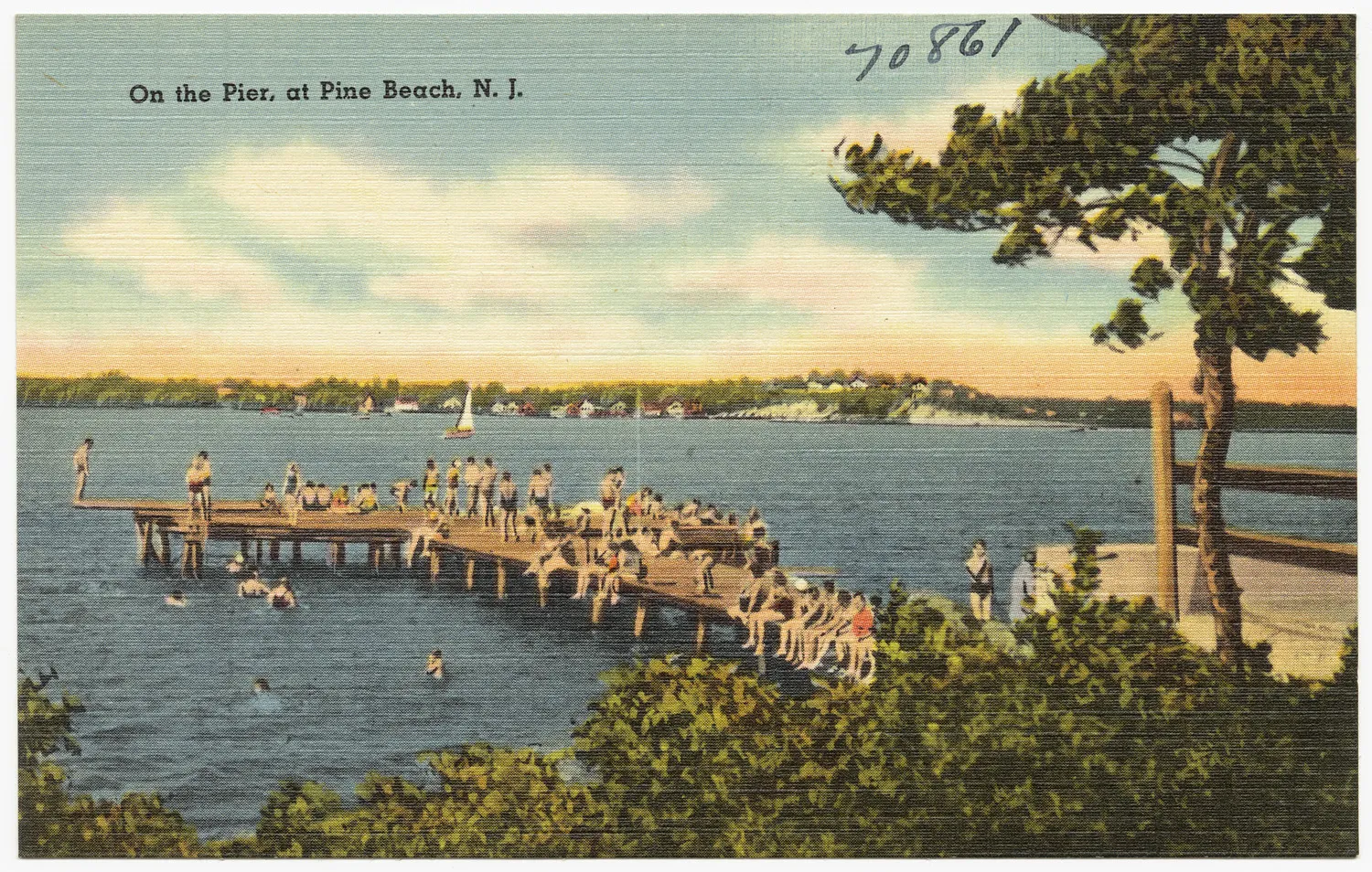 Vintage postcard of swimmers on a wooden pier in a wide river, with a sailboat beyond