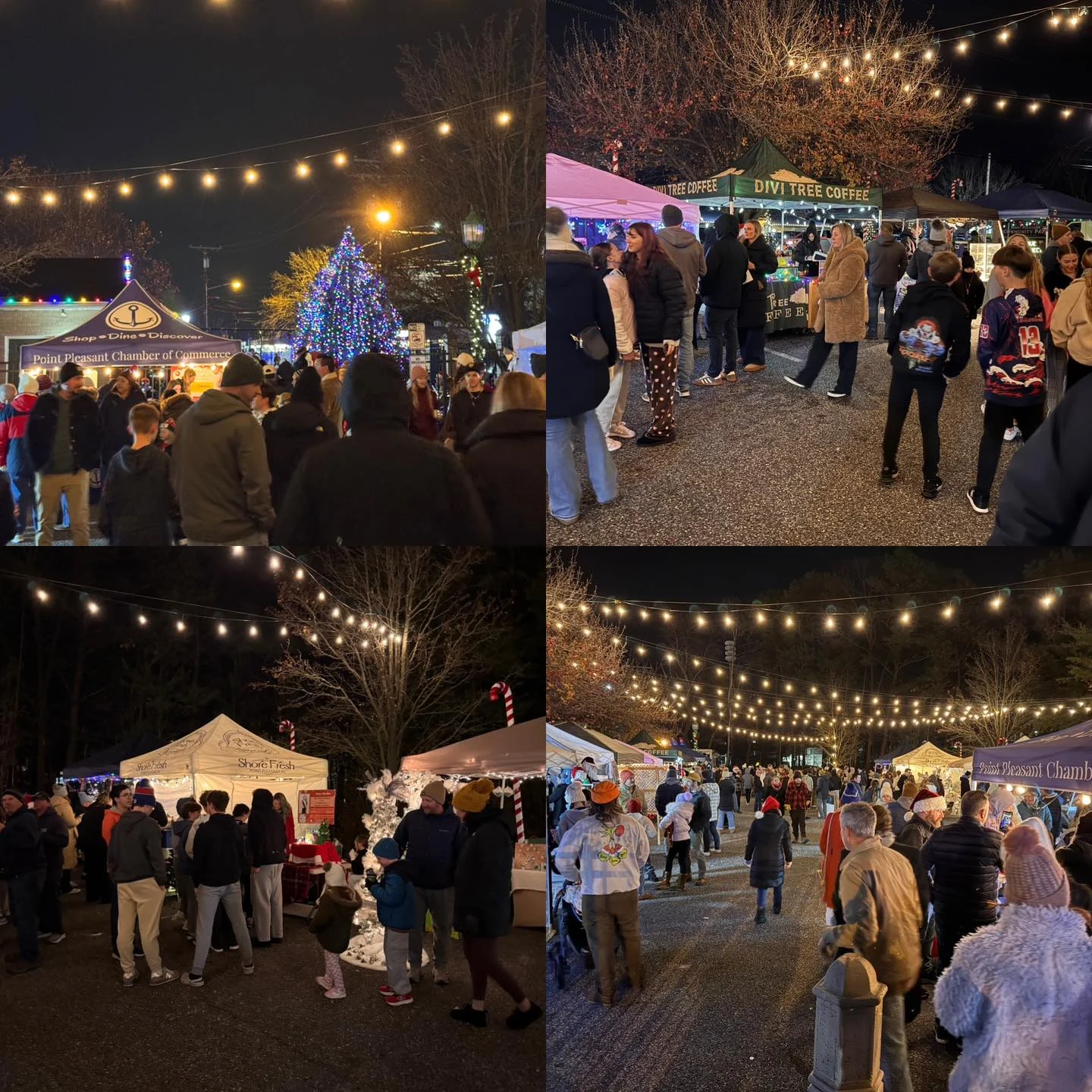 Four views of the Christmas Tree Lighting and Market in the Park: crowds under string lights, vendor tents and a lit Christmas tree after dark