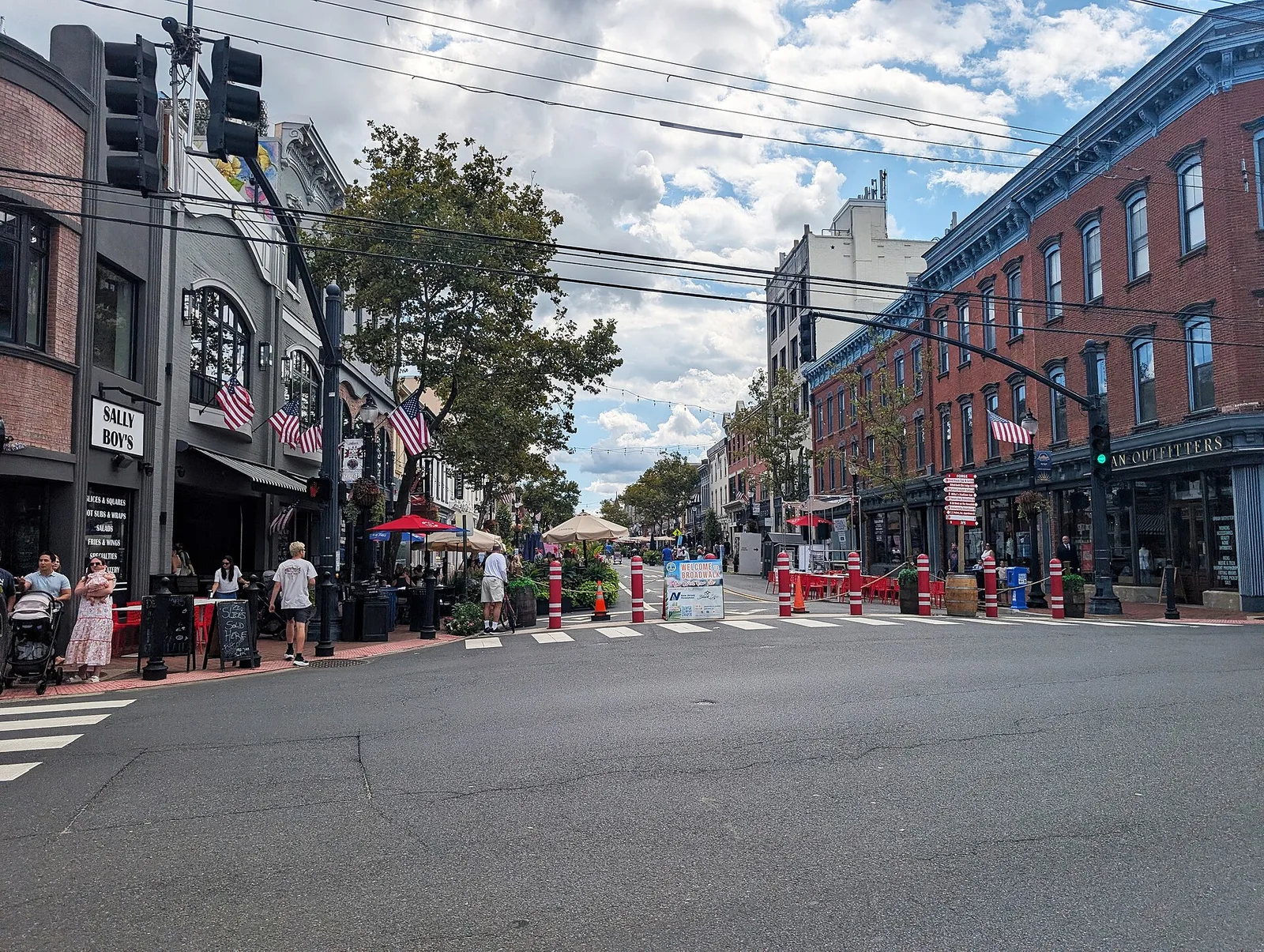 Broad Street in downtown Red Bank closed to cars as the BroadWalk pedestrian plaza, lined with brick storefronts and outdoor dining