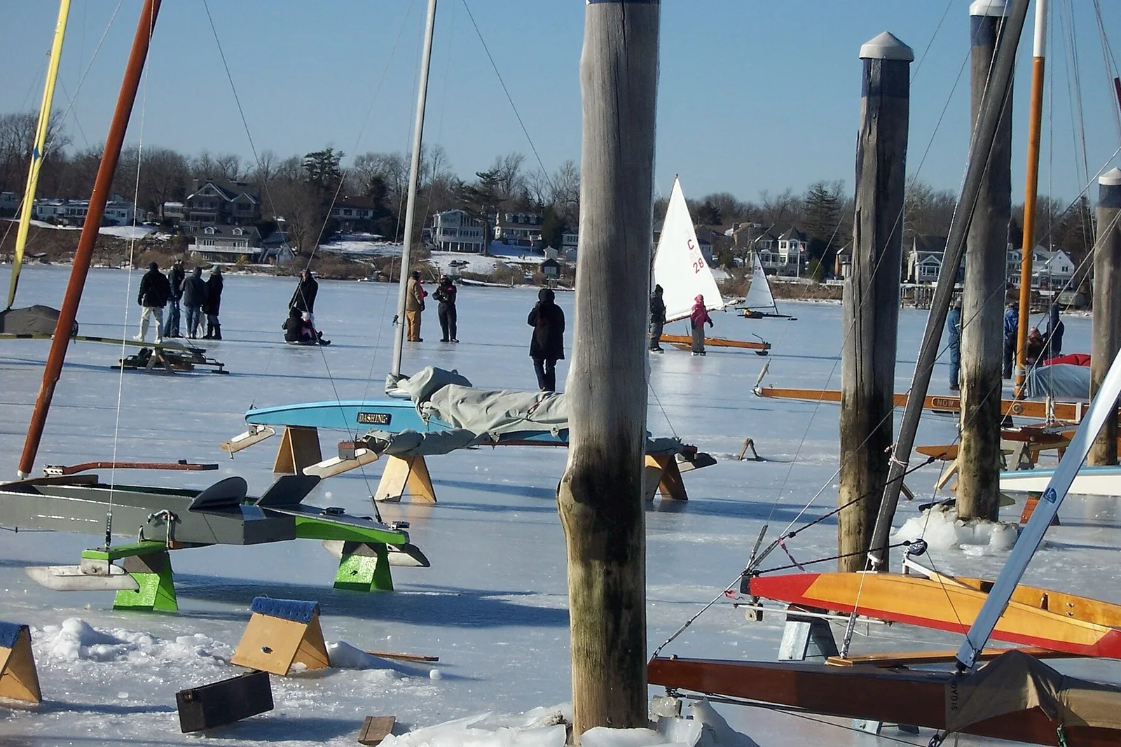 Ice boats lined up on the frozen Navesink River at Red Bank