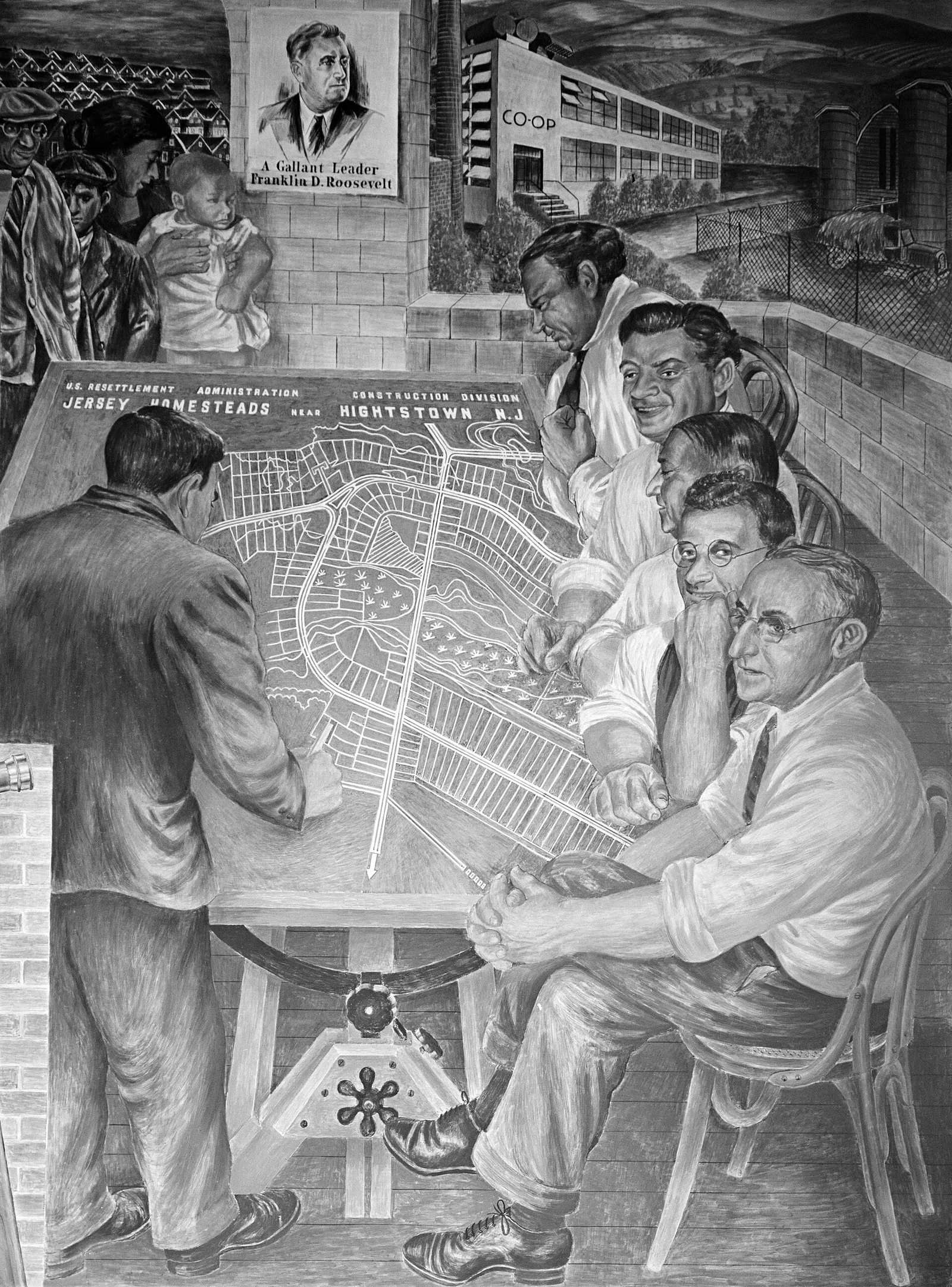 Mural panel showing men gathered around a table with the street plan of Jersey Homesteads, under a poster of Franklin D. Roosevelt