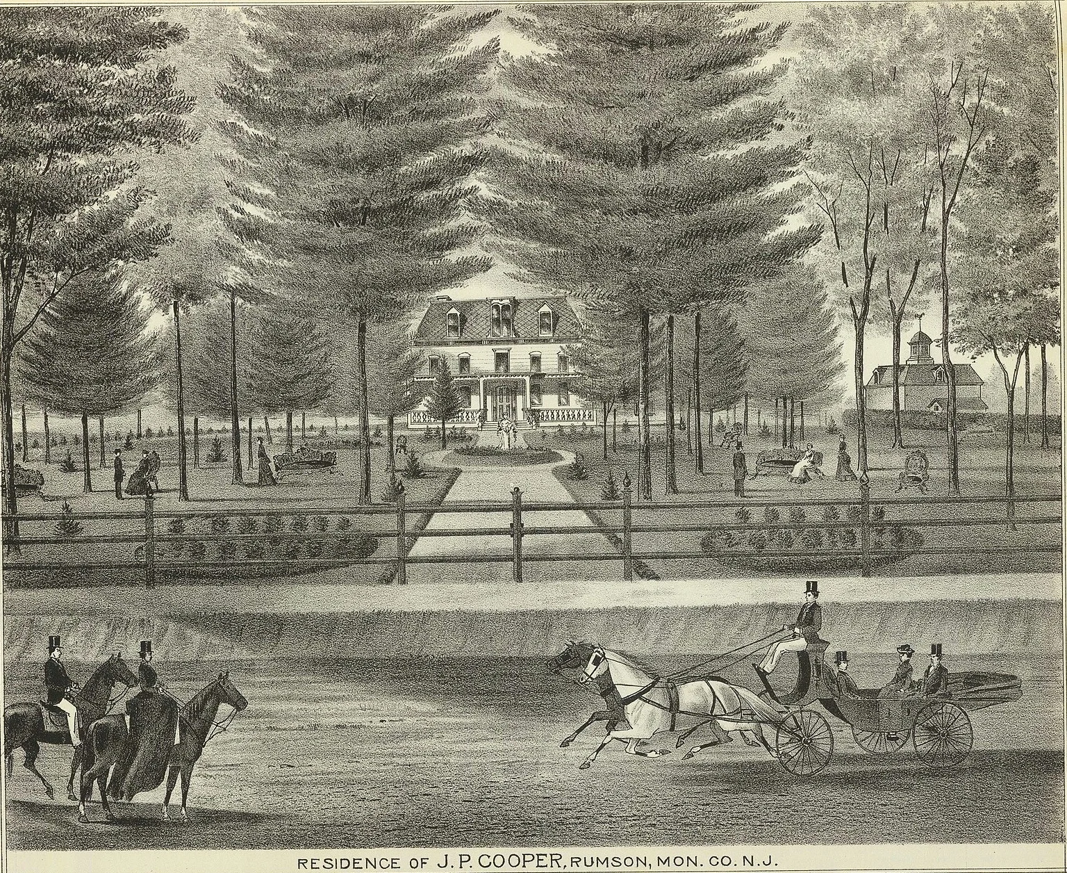 1878 engraving of a Rumson estate house at the end of a tree-lined walk, with riders and a horse-drawn carriage on the road in front
