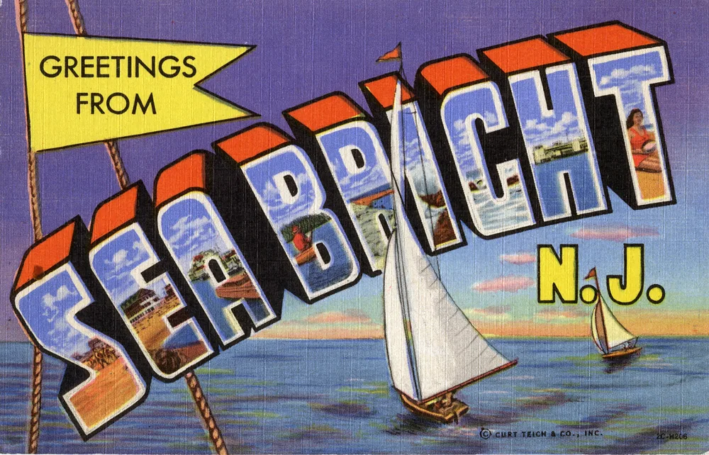 A colorful 1952 large-letter postcard reading Greetings from Sea Bright, N.J., with sailboats on blue water