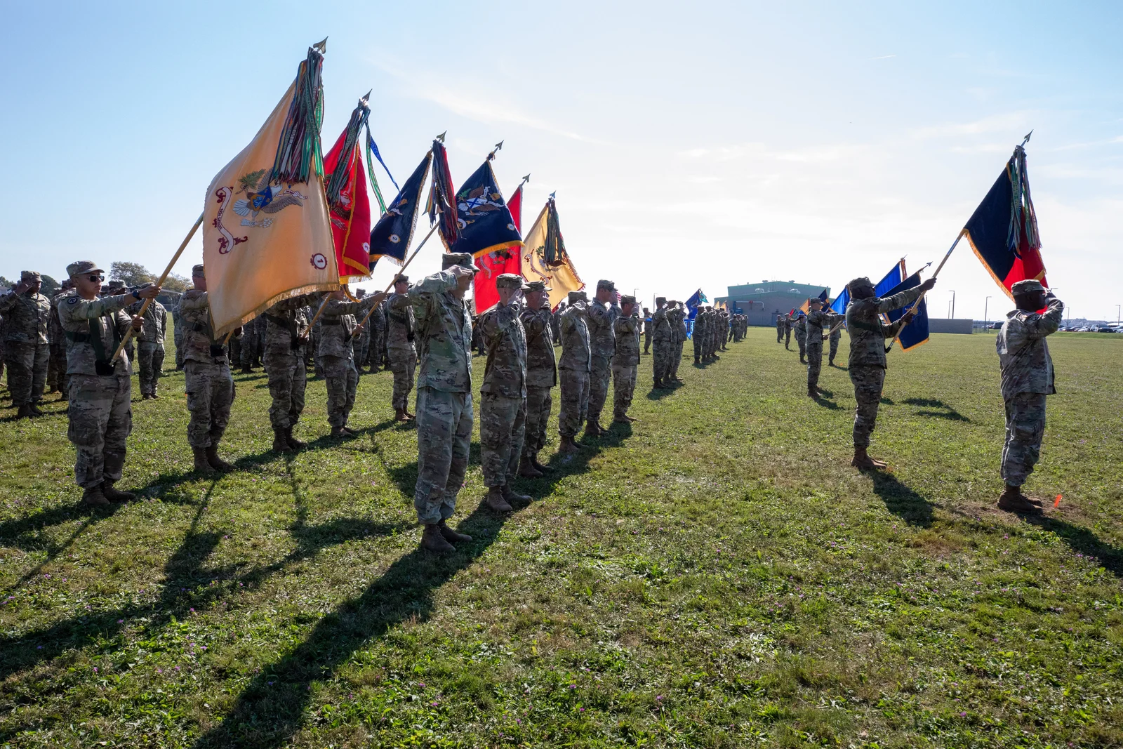 Rows of New Jersey National Guard soldiers holding unit flags and saluting on a sunny parade field