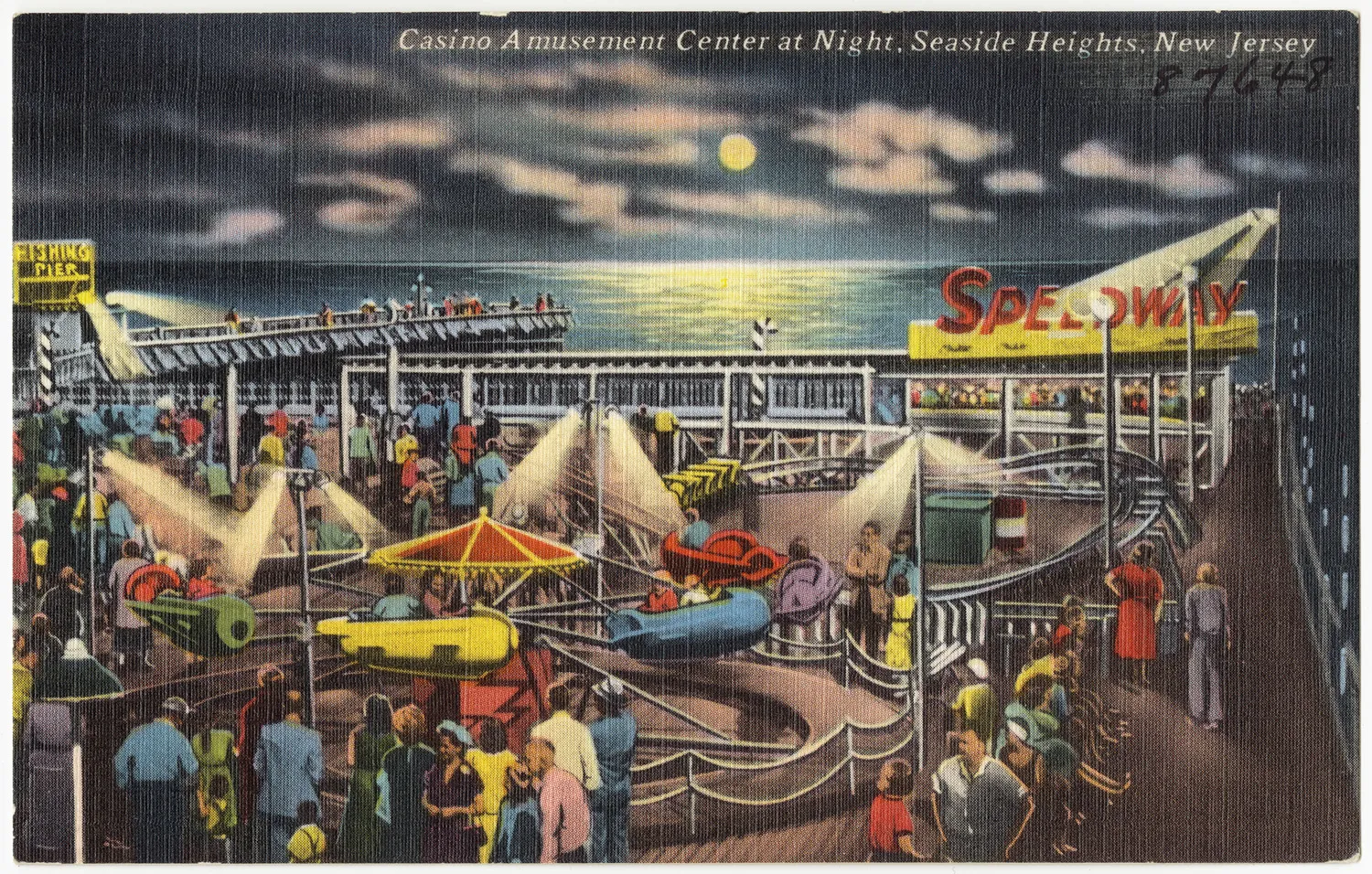 Vintage postcard of crowds and rides at the Casino amusement center under a moonlit sky