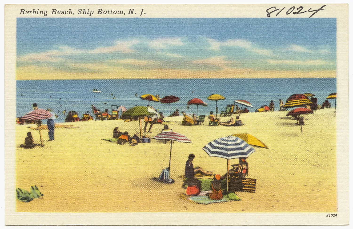 Vintage postcard of a sunny beach dotted with striped umbrellas and swimmers in the surf