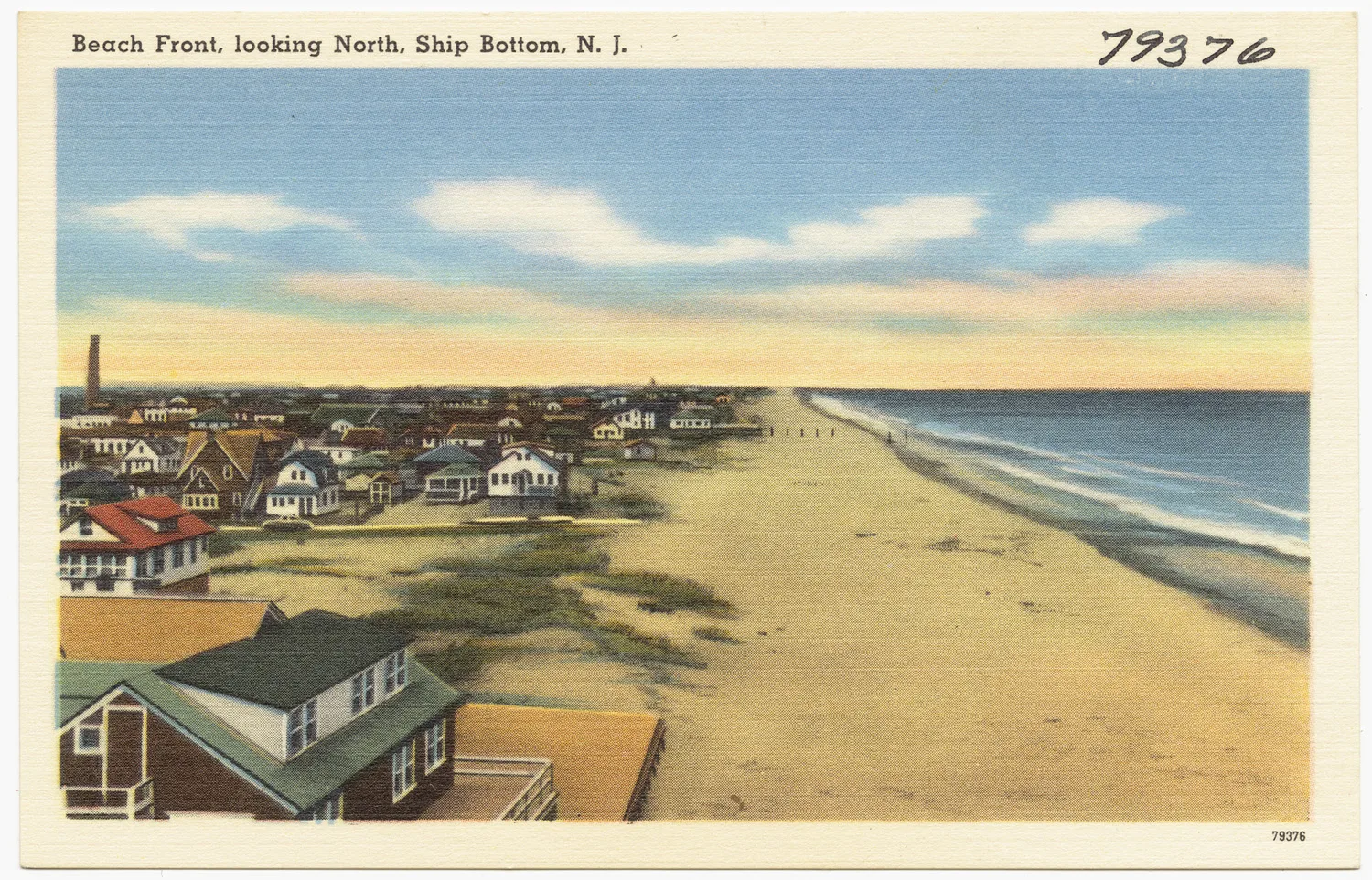 Vintage postcard of Ship Bottom's beach front looking north, with cottages behind the dunes and the ocean on the right