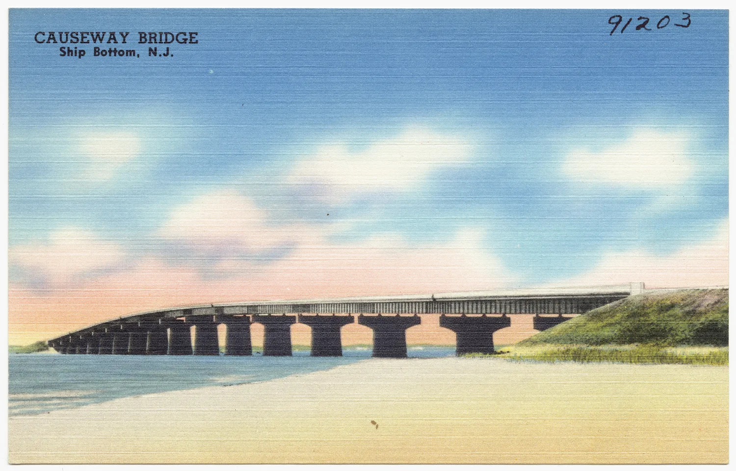 Vintage postcard of the old causeway bridge crossing the bay into Ship Bottom