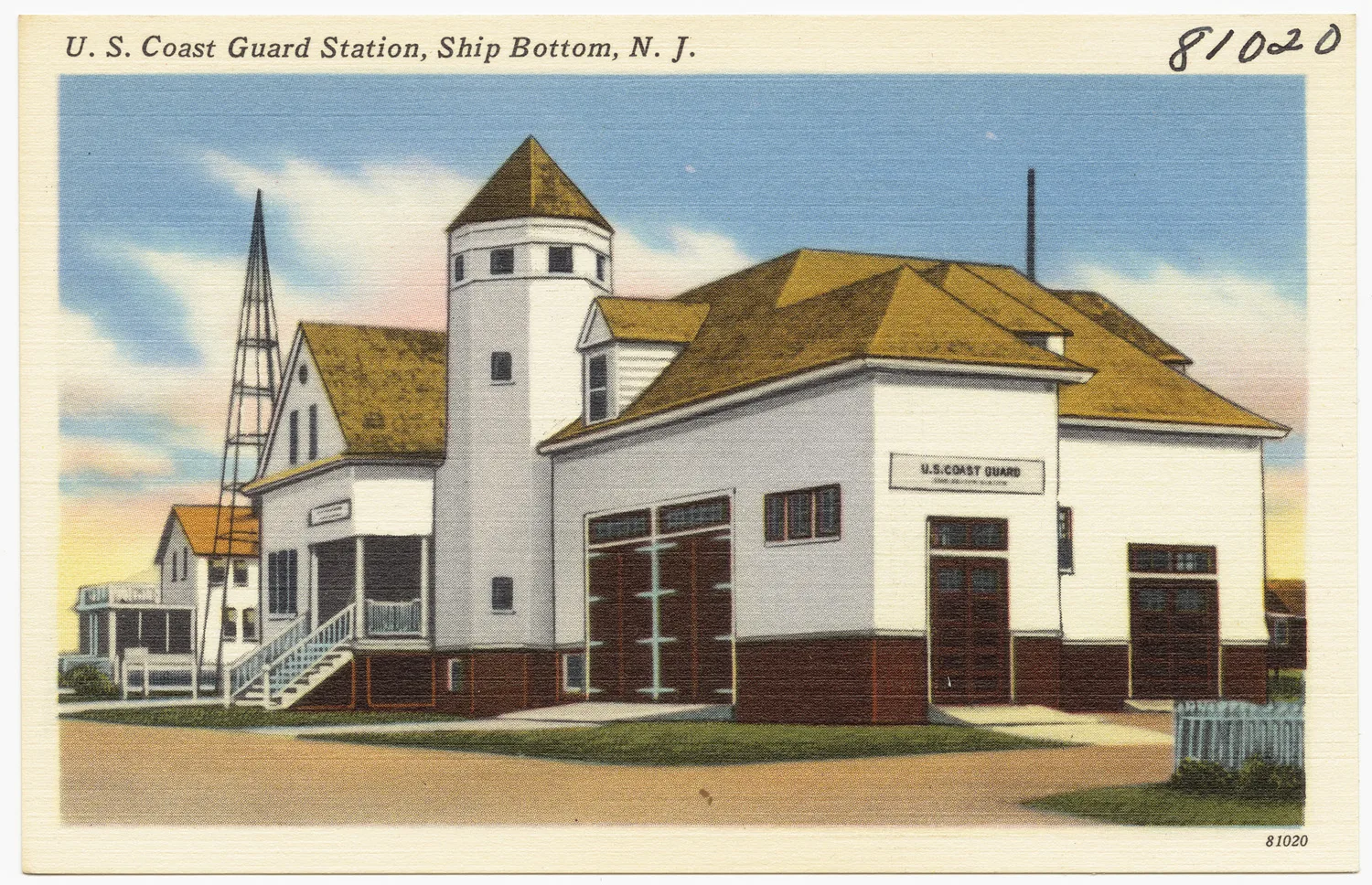 Vintage postcard of the U.S. Coast Guard station in Ship Bottom with its lookout tower