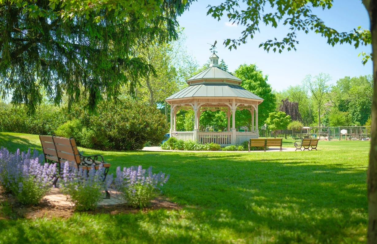 A white gazebo on a green lawn framed by trees, with benches and lavender blooming in the foreground
