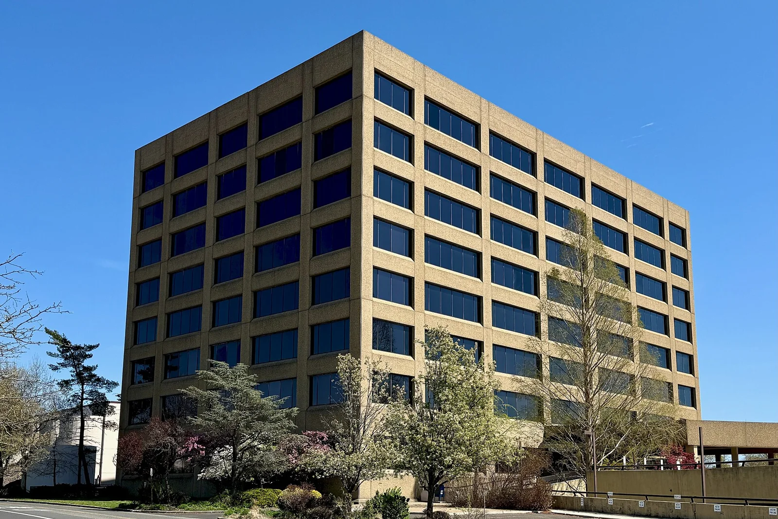 The tall bronze-and-glass office tower of Four Echelon Plaza against a blue sky, with flowering trees in front