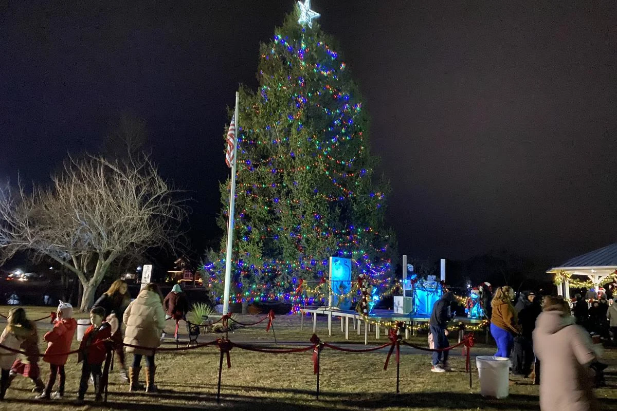 A tall evergreen strung with colored lights beside the flagpole, with residents gathered around it on a winter night
