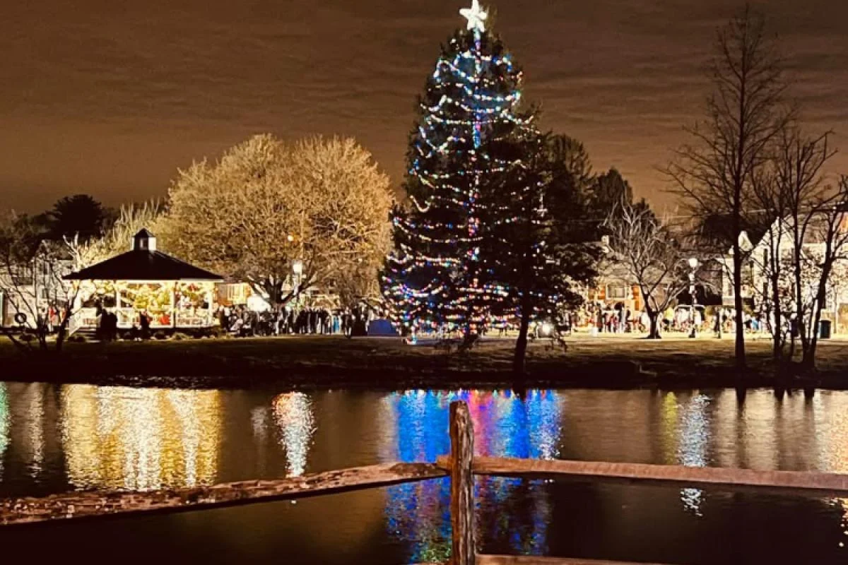 The lit Christmas tree and the gazebo glowing at dusk, their lights reflected in Franklin Lake