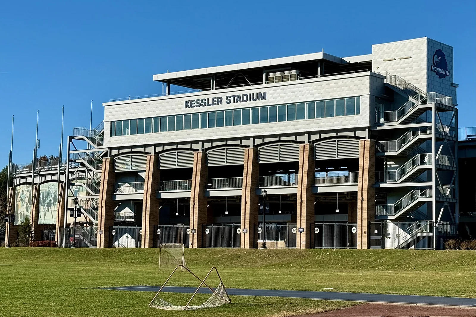 Kessler Stadium's press box and stands at Monmouth University on a sunny day