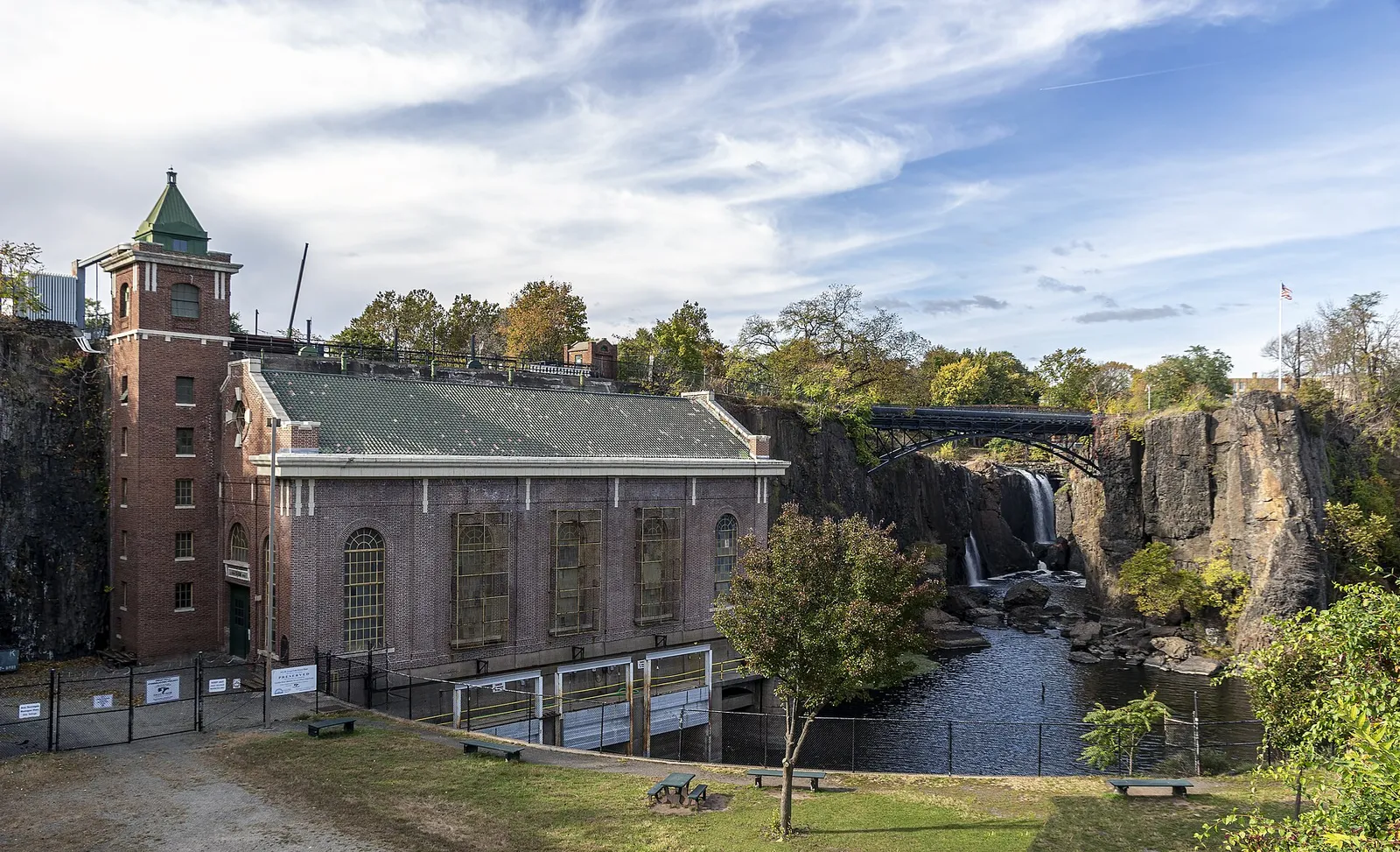 The brick hydroelectric powerhouse beside the Great Falls in Paterson