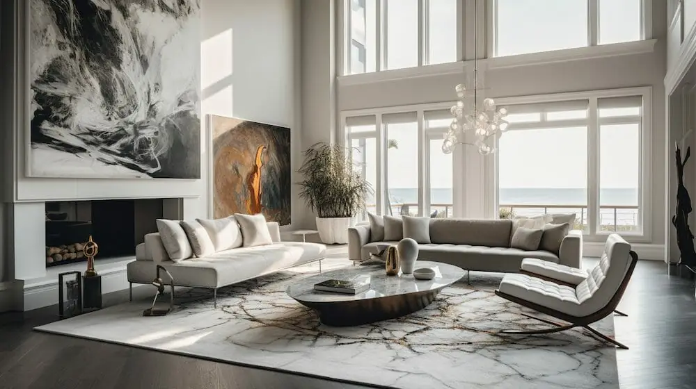 An open living room with a fireplace and large windows