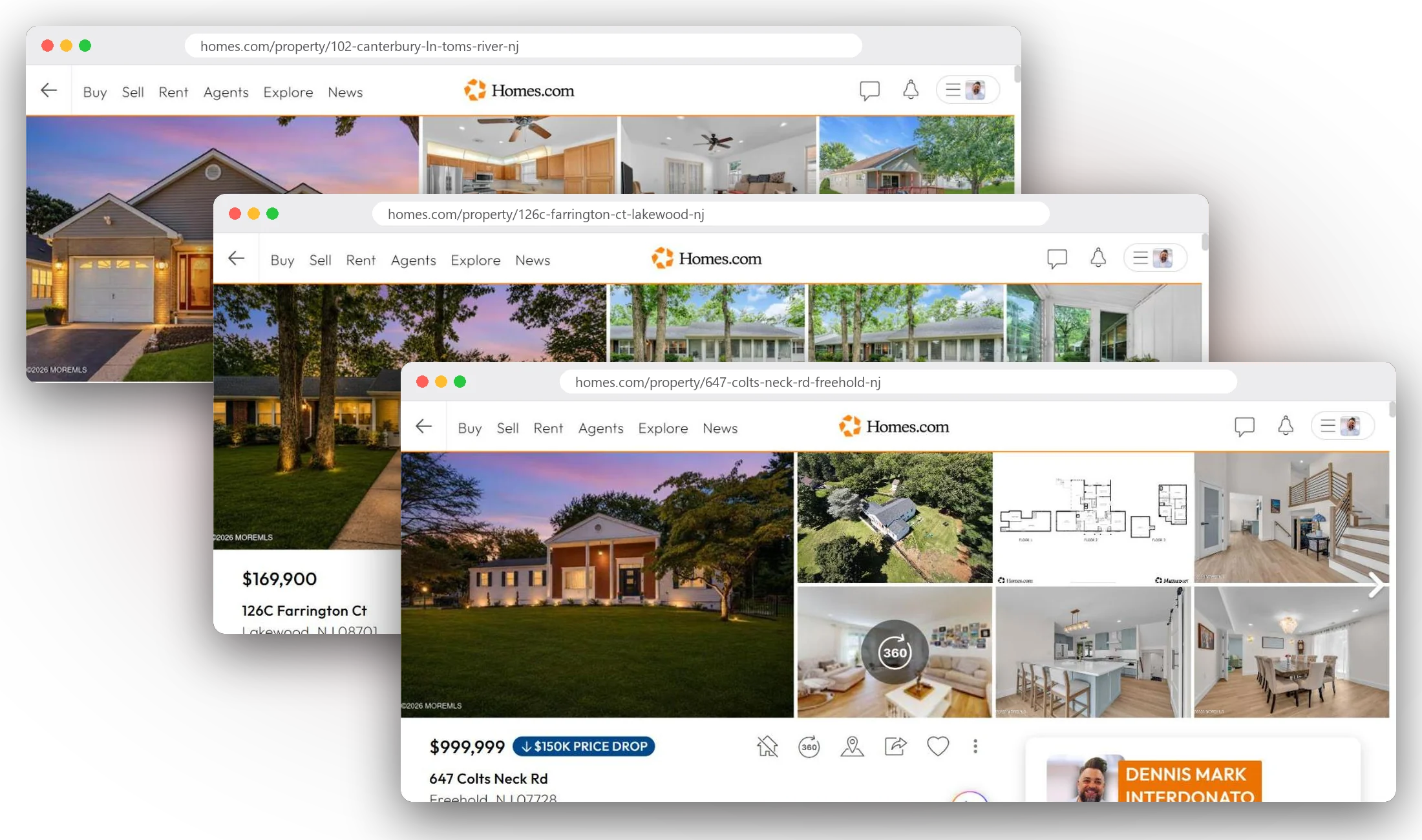 The Homes.com pages for 647 Colts Neck Rd, 126C Farrington Ct and 102 Canterbury Ln in three browser windows, 647 Colts Neck Rd in front