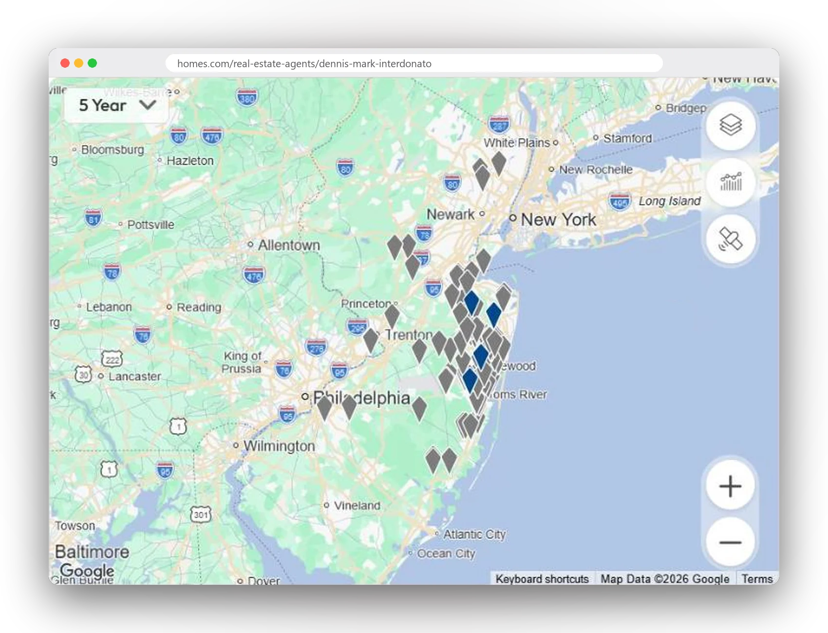 A map on Dennis Mark Interdonato's Homes.com profile with pins for five years of his listings and sales across New Jersey