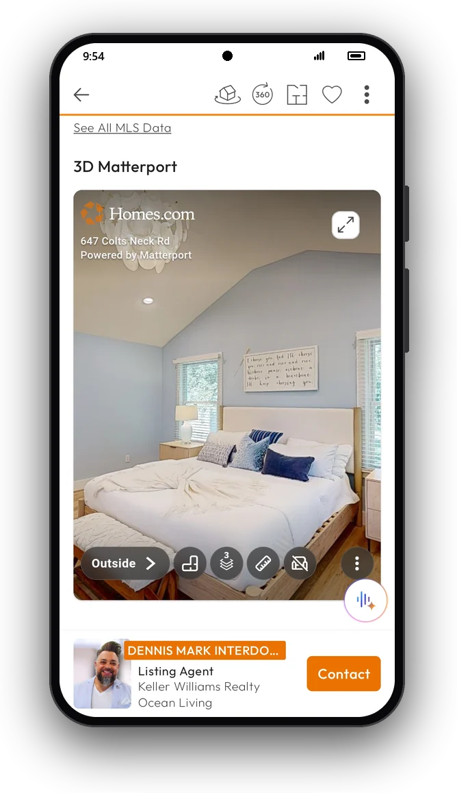 A phone showing the 3D tour of 647 Colts Neck Rd in the Homes.com app, with Dennis Mark Interdonato's listing agent card and Contact button under it