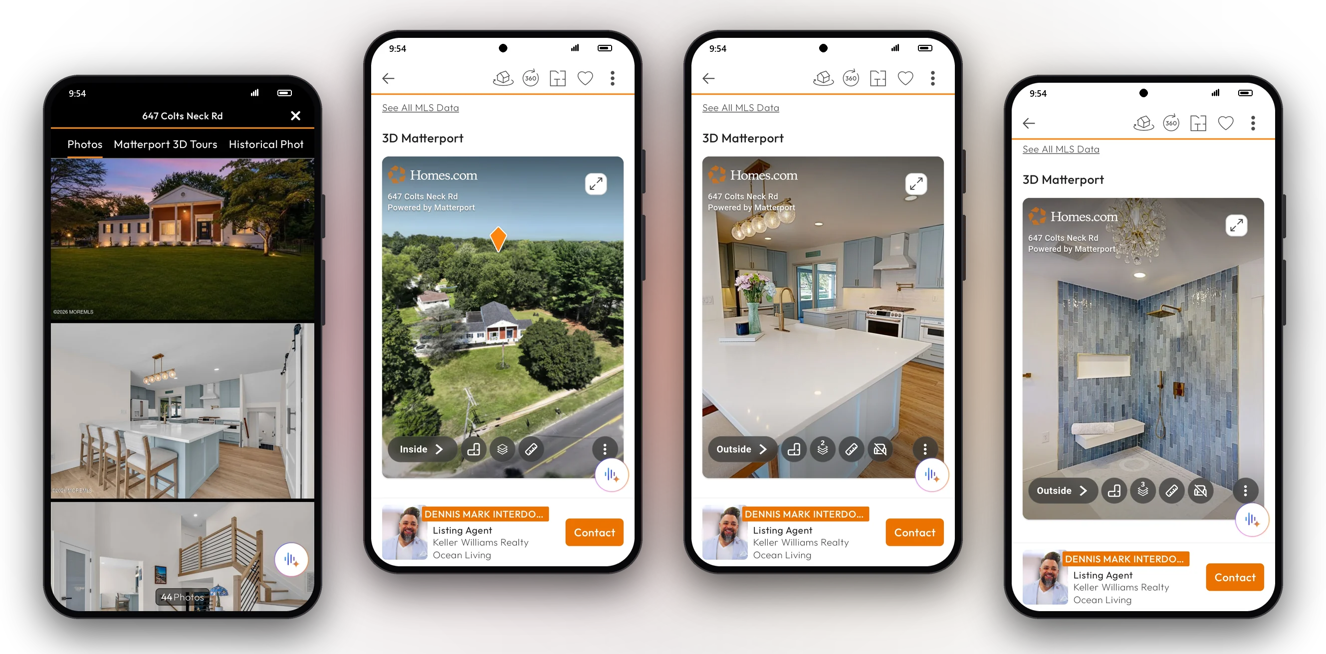 Four phones showing 647 Colts Neck Rd in the Homes.com app: the photo gallery, and the Matterport 3D tour's drone view, kitchen and bathroom, each with Dennis Mark Interdonato's listing agent card