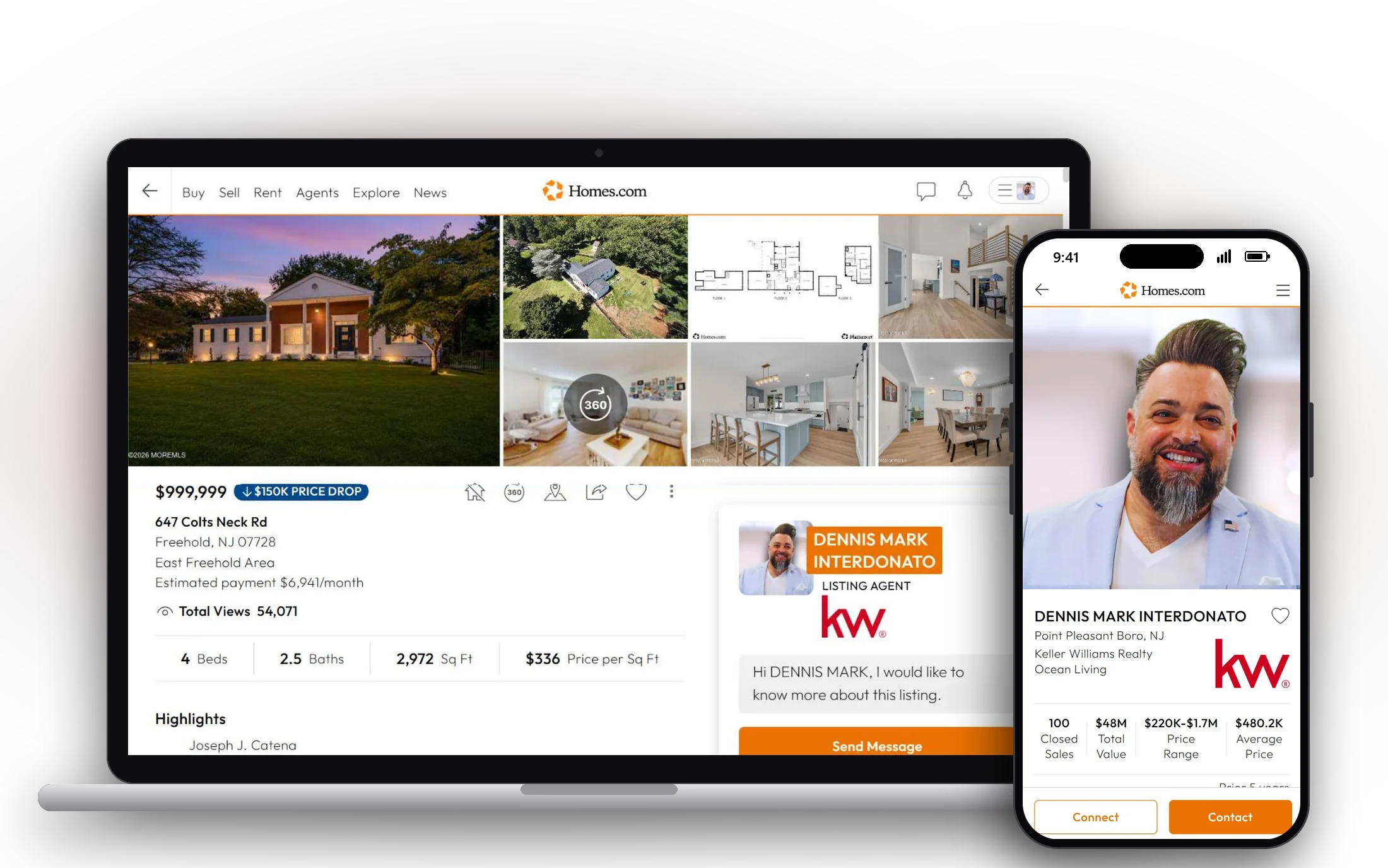 647 Colts Neck Rd on Homes.com on a laptop, and Dennis Mark Interdonato's Homes.com agent profile on a phone