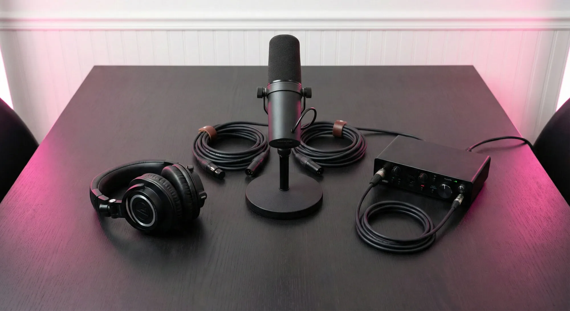 Podcast microphone, headphones and recorder, with a video camera icon: video coming soon