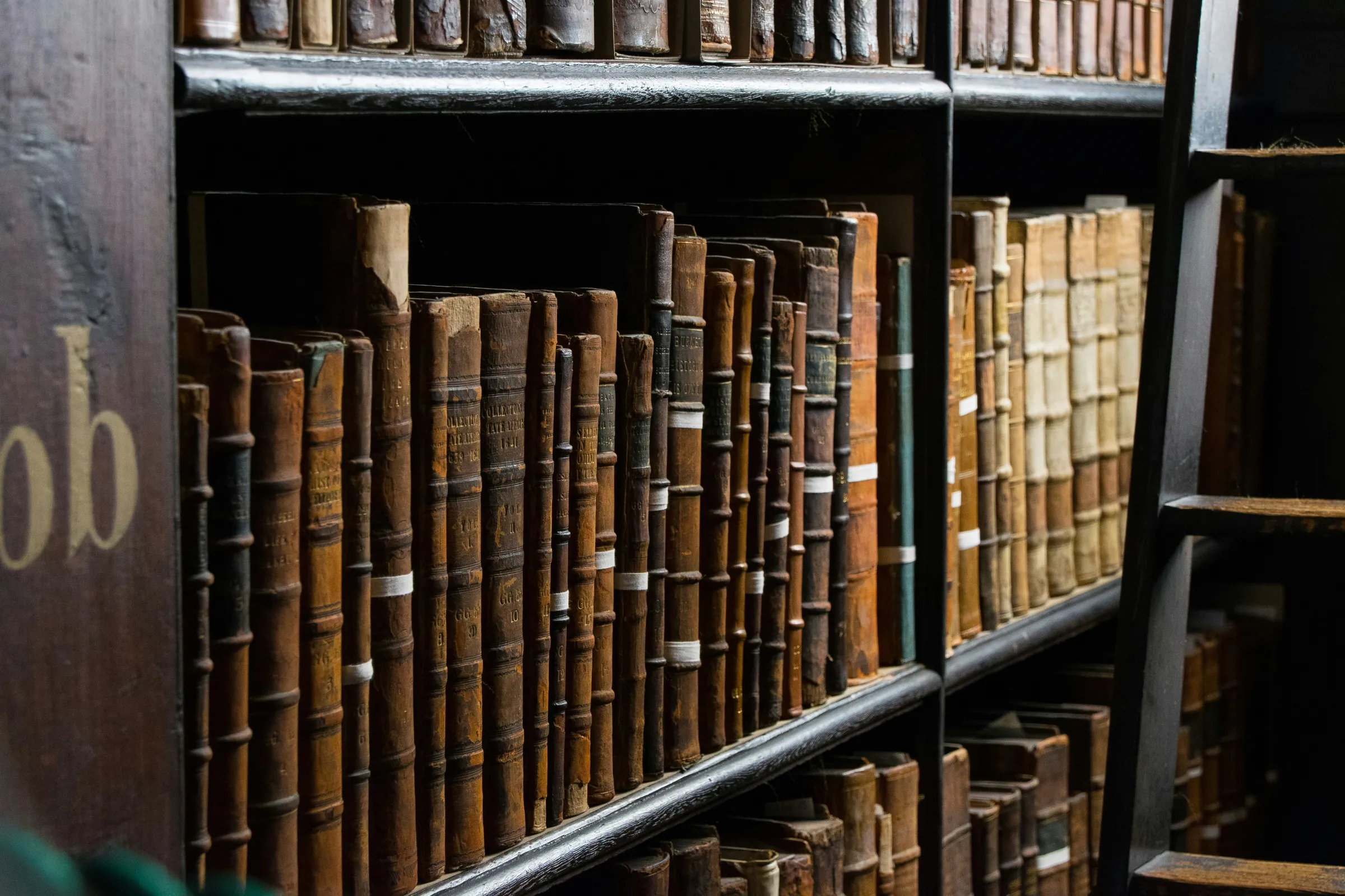 Rows of old leather-bound books on dark wooden library shelves