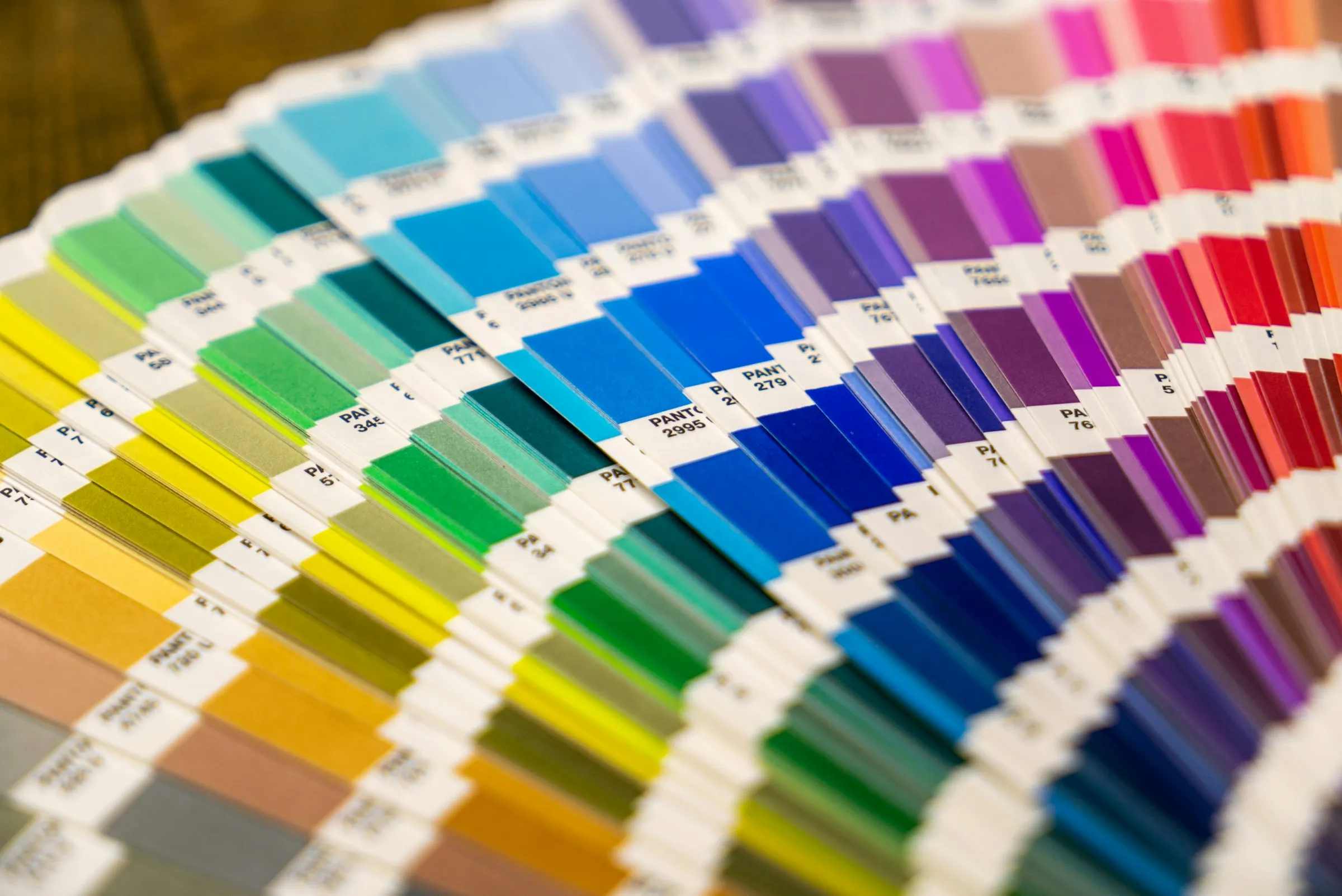 A fan deck of paint and color swatches spread out in a full spectrum